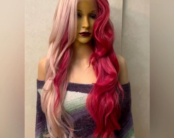 Long Wavy Pink Shimmer Wig: 50/50 Hot Pink Human Hair Blend, Lace Front