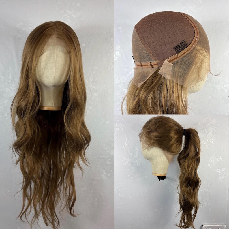 Full Lace Wig – Long Wavy Honey Brown, Human Hair Blend, Free Parting, Daily Wear Natural Look image 1