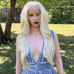 Daily WIG! Long Straight Platinum Blonde Human Hair Blend, Lace Front,  Free Parting