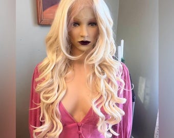 Daily wear WIG! Long curly Light Blonde Human hair blend, Lace Front, Free Parting heat safe and realistic soft hair