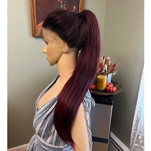 Long straight daily updo wig. Burdundy Human Hair Blend 360 lace 13x6 parting