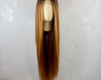 PERRUQUE à porter au quotidien ! 38 po. Super longue droite ombrée blonde fraise mélange de cheveux humains, lacets