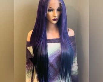 Long straight daily wig. Purple/black Human Hair Blend lace front, side parting