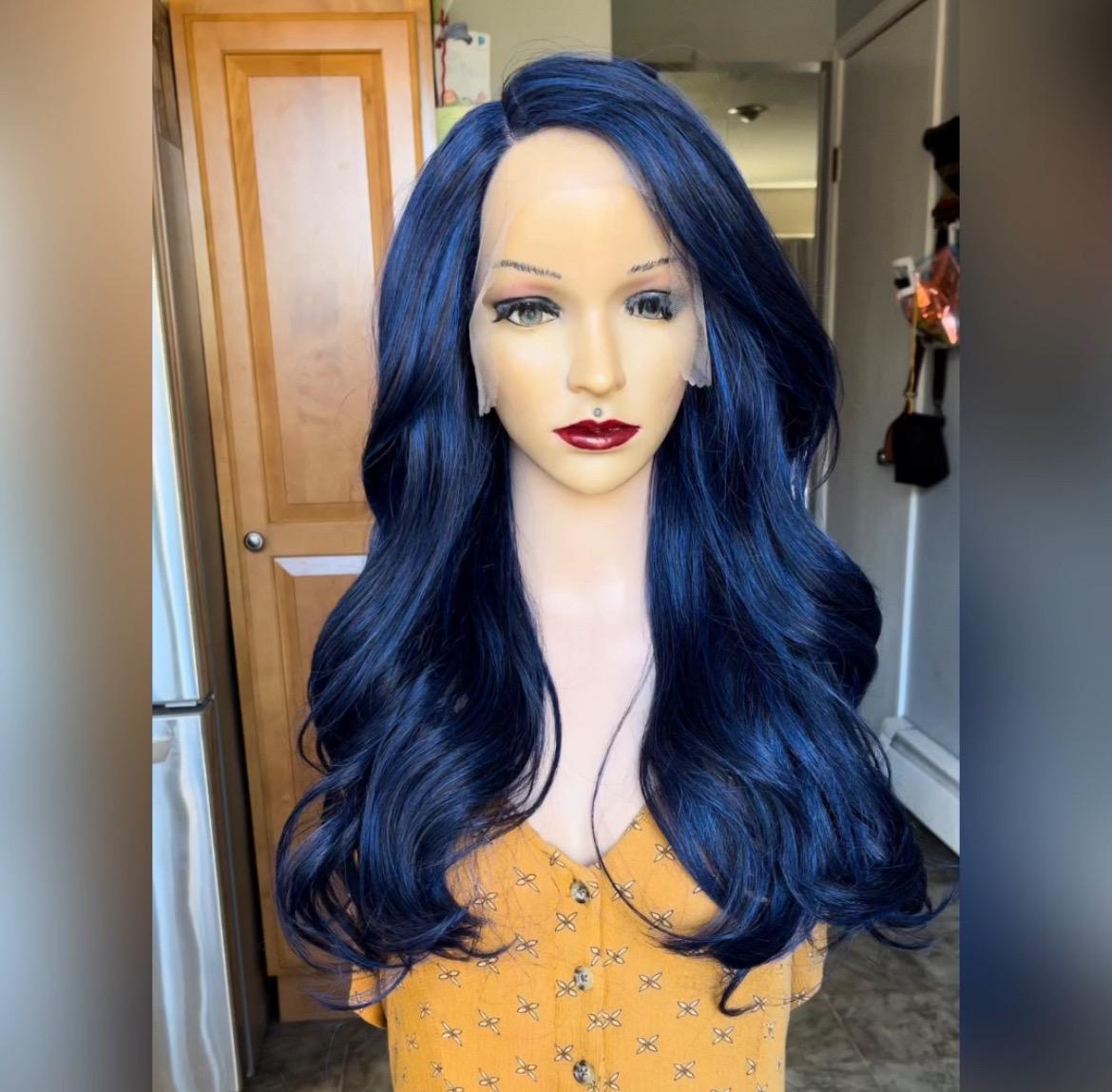 Daily WIG! Long wavy Dark Blue with baby black low lights HUMAN Hair Blend, Lace Front