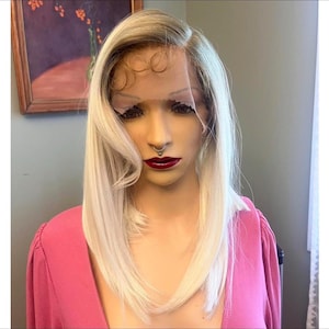100% BRAZILIAN Human Hair Daily WIG! Straight Light BLONDE with light brown roots. Lace Front, Free parting