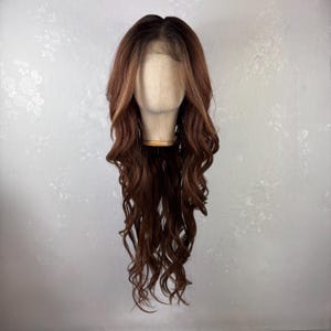Daily wear WIG! Long Wavy Ombré Auburn with Highlights Human Hair Blend Wig, Lace Front, Natural Parting