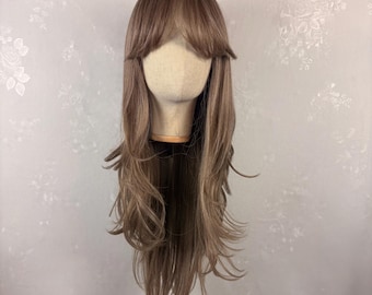 Long Wavy Ash Blonde Wig with Bangs – Human Hair Blend Daily Wig | Natural Layered Style for Everyday Wear