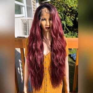 Daily WIG! Super długie falowane ombre Wine Red Human Hair Blend, Lace Front, Free Parting