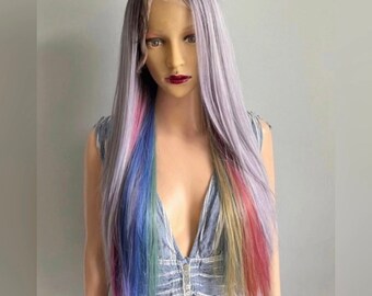 Ombre Lavender Human Hair Blend  with Rainbow Peekaboo  Daily Wig Side Parting