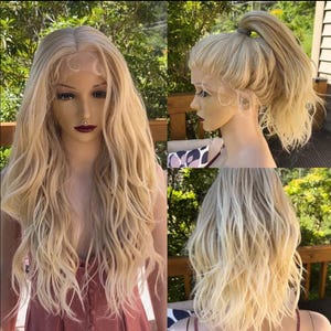 Tägliche Perücke! Lange gewellte Hochsteckfrisur | Light Caramel Melt in Hellblonde Echthaar-Mischung | Lace Front, Natürlicher Look