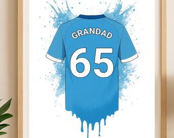 Impresión personalizada de la camiseta de fútbol del Manchester City / Regalo de cumpleaños para papá / Póster de arte mural para niños