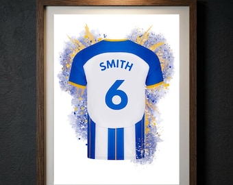 Personalised Brighton FC Football Print, Custom Name & Number Jersey Poster, Seagulls Fan Birthday Gift, Amex Stadium Wall Art