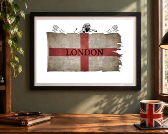London England Flag Print, Vintage St George's Cross Poster, Map Of London, British Heritage Wall Art, Capital City Home Decor, UK Gift