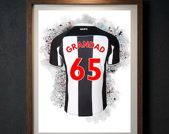 Personalised Newcastle Football Shirt Print, Custom Name Number Poster, Newcastle United Gift for Dad Kids, Toon Wall Art