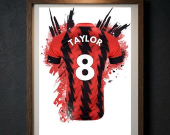 Personalised AFC Bournemouth Football Shirt Print, Custom Name & Number Jersey Poster, The Cherries Gift for Dad, Vitality Stadium Wall Art