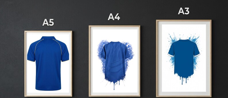 May include: Three framed prints labeled A5, A4, and A3. The A5 print shows a blue polo shirt with white piping. The A4 print displays a blue shirt with a watercolor splash effect. The A3 print features a blue shirt with a white paint drip design.