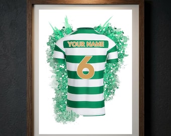 Personalised Celtic Football Shirt Print, Custom Name Number Poster, Parkhead Celtic FC Wall Art, Gift for Dad Him