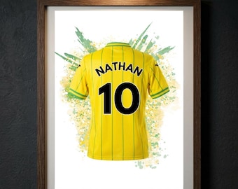 Personalised Norwich City Football Shirt Print, Custom Name Number Poster, Canaries Fan Gift for Dad, Carrow Road Wall Art