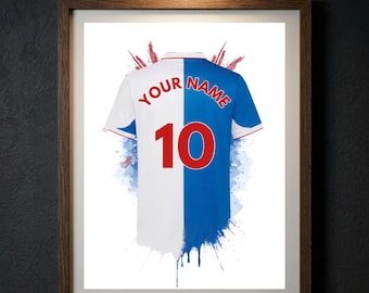 Personalised Blackburn Rovers Football Shirt Print, Custom Name Number Poster, Blackburn FC Gift for Dad Kids, Rovers Wall Art, Ewood Park