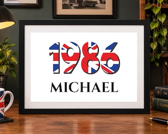 Personalised Birth Year Print, Custom Union Jack Number Poster, Milestone Birthday Gift, Dad Grandad Milestone, British Heritage Wall Art