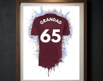 Personalised Aston Villa Football Shirt Print, Custom Name Number Poster, Villa Park Wall Art, Claret Blue Gift for Dad