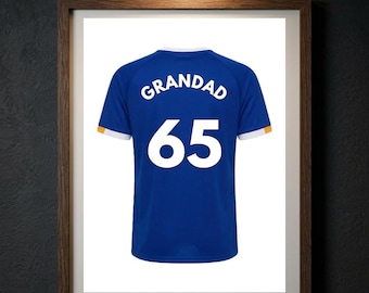 Personalised Everton Football Shirt Print, Custom Name & Number Jersey Poster, Toffees Fan Gift for Dad, Goodison Park Wall Art
