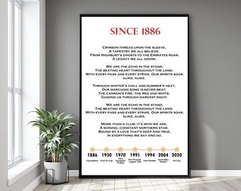 Impresión del Arsenal - Patrimonio del Fútbol del Norte de Londres - Poema original y cronología de la historia - Arte mural - Regalo para fans - Póster tipográfico desde 1886