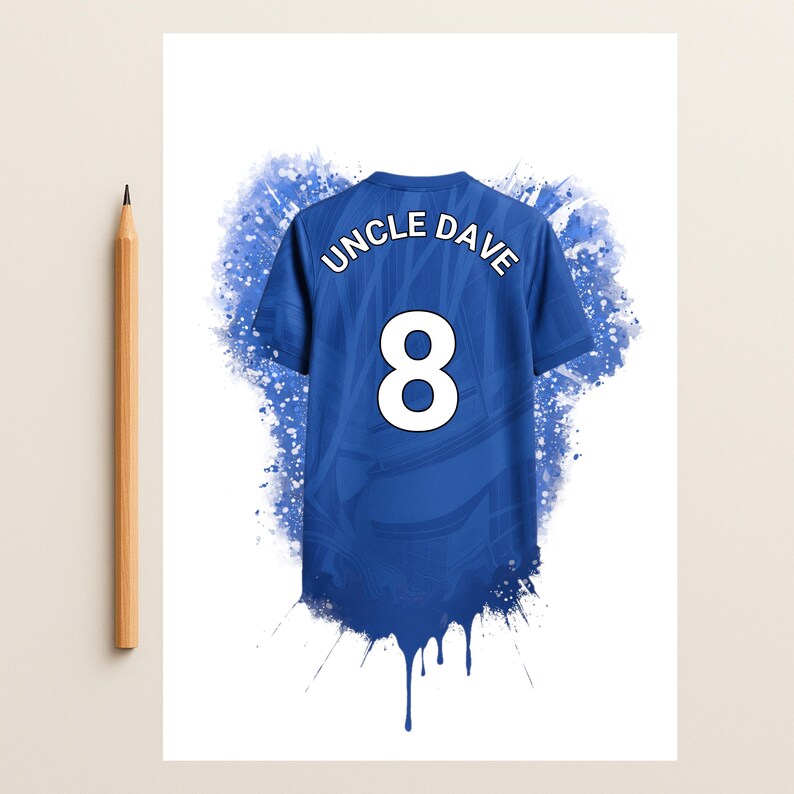 May include: A blue sports jersey featuring the text UNCLE DAVE and the number 8 in white. The design includes a blue watercolor splash effect behind the jersey. A wooden pencil is positioned vertically to the left of the jersey for scale.