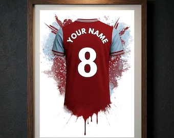 Personalised West Ham Football Shirt Print, Custom Name Number Poster, West Ham United Gift for Dad Kids, Hammers Wall Art