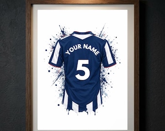 Personalised West Bromwich Albion Football Shirt Print, Custom Name Poster, West Brom Gift for Dad Kids, BaggiesWall Art, The Hawthorns