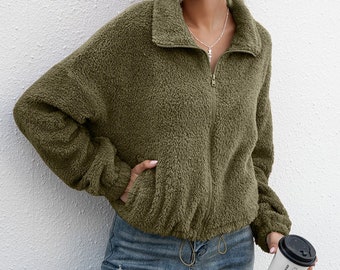 grey oversized borg zip through teddy jacket