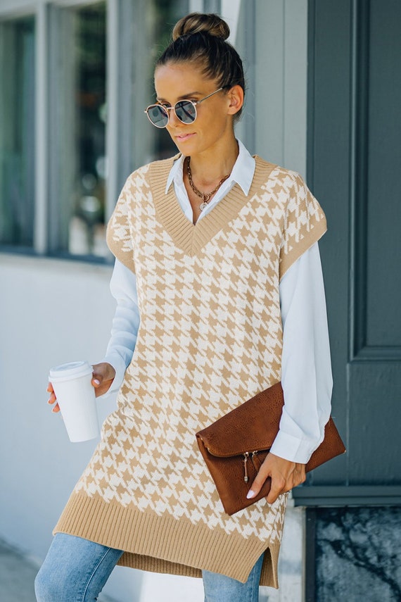 Houndstooth V-neck Long Tunic Sweater 