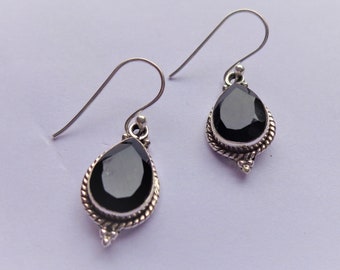 Natural Black Onyx Sterling Silver Earring, Pear Shape Earring, Sterling Silver Dainty Earring, Vertical Earring, Personalized Gift For Mom