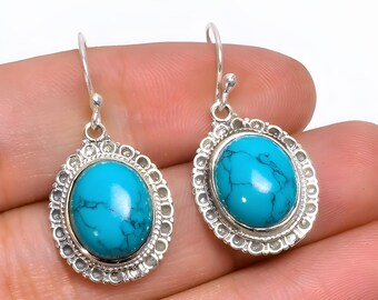 Naturlig turkos 92.5 sterlingsilver oval stenörhänge | Dingla örhängen | Ädelstensörhänge | Vintageörhänge | Gåva till henne