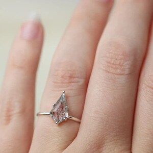 Black Rutile Quartz Solitaire Emerald Cut Ring-Black Rutile Vintage Ring For Her-925 Solid Sterling Silver, Unique Kite Shaped Wedding Ring