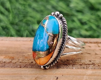 Elegant Cushion Cut Spiny Oyster Copper Turquoise Sterling Silver Ring | Rectangle Turquoise Ring | December Birthstone | Boho Ring