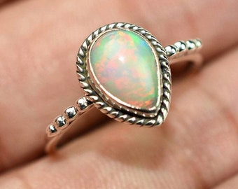 Opal Eternity Ring, Dainty Opal Ring, Pear Opal Ring, Silver Opal Ring, Minimalist Ring, Opal Stacking Ring, Gift for Her, White Opal Ring