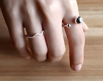 スターリングシルバーのオープンカフリング：調節可能なダブルボールミディリング