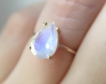 Natiral Rainbow Moonstone Tear Drop Ring ~ Gemstone ~ Natural ~ Sterling Silver 925 ~ Jewelry ~ Handmade ~ June Birthstone