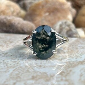 Moss Agate Ring, Nature green moss agate ring for women, green moss agate engagement ring, Oval Faceted moss agate jewelry, AAA moss agate