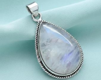PIETRA PREZIOSA PIETRA di Luna Arcobaleno Argento Fatto a Mano Gioielli EUR 14,60 - IT