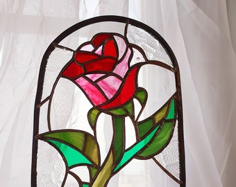 stained glass - rose of beauty and the beast glass - flower - geek gift - geek stained glass windows - disney