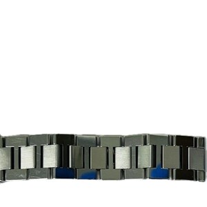 May include: Close-up of a silver metal watch band. The band is composed of rectangular links with a brushed finish. The links are connected to each other, forming a flexible chain. The watch band is against a white background.