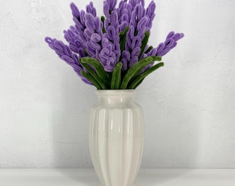 Pipe Cleaner Flowers In Vase | Flower Arrangement | 12 Inch | White Ceramic | Handmade | Purple Lavender