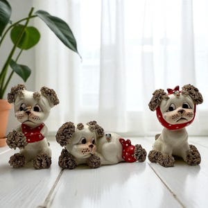 Vintage Lefton Spaghetti Puppy Dog Figurines Set Of 3 Red Bandana Series