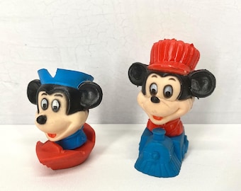 Mickey Mouse Rubber Toys | Set Of 2 | Vintage 1960’s | Disney Figures | Hong Kong | Train And Boat