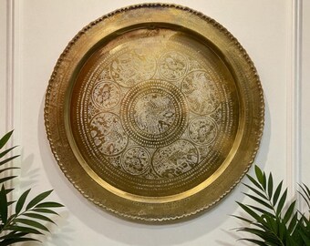 Mid Century Brass Round Tray | Chinese Phoenix |  Engraved | Wall Art | Good Fortune | Large 30 Inches