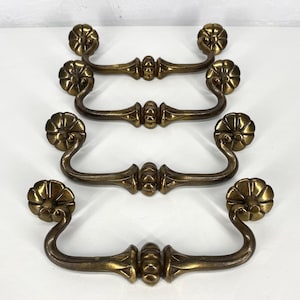 Brass Bail Pull Drawer Handles With Floral Posts | Set Of 4 | Vintage 80’s | Rococo Revival | Dresser Pull | Furniture Hardware