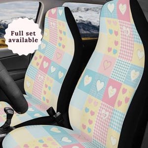 Heart Patchwork Car Seat Cover Steering Wheel Cover Pink Blue Yellow Cute Car Seat Covers Preppy Plaid Boho Car Seat Covers Car Sun Shade