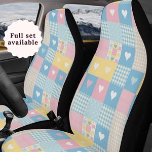 Patchwork Heart Car Seat Cover Gingham Steering Wheel Cover Pink Blue Yellow Cute Car Seat Covers Boho Car Seat Covers Preppy Plaid Sunshade